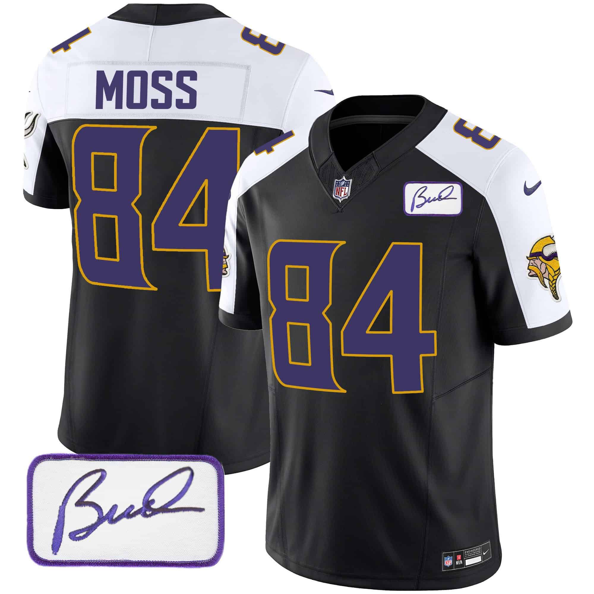 Men Minnesota Vikings 84 Moss Black 2024 Nike Bud Grant Patch Classic Limited NFL Jersey style 1